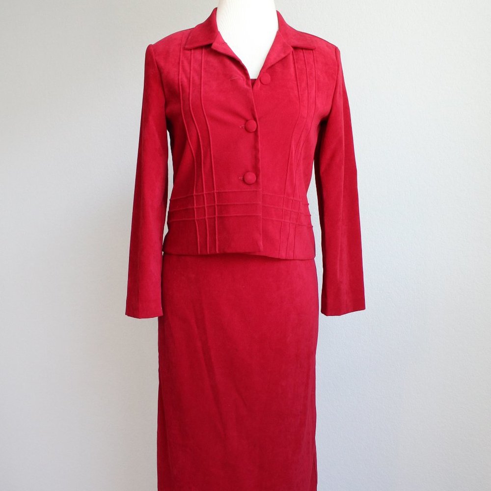 Vintage 80s red faux suede dress suit